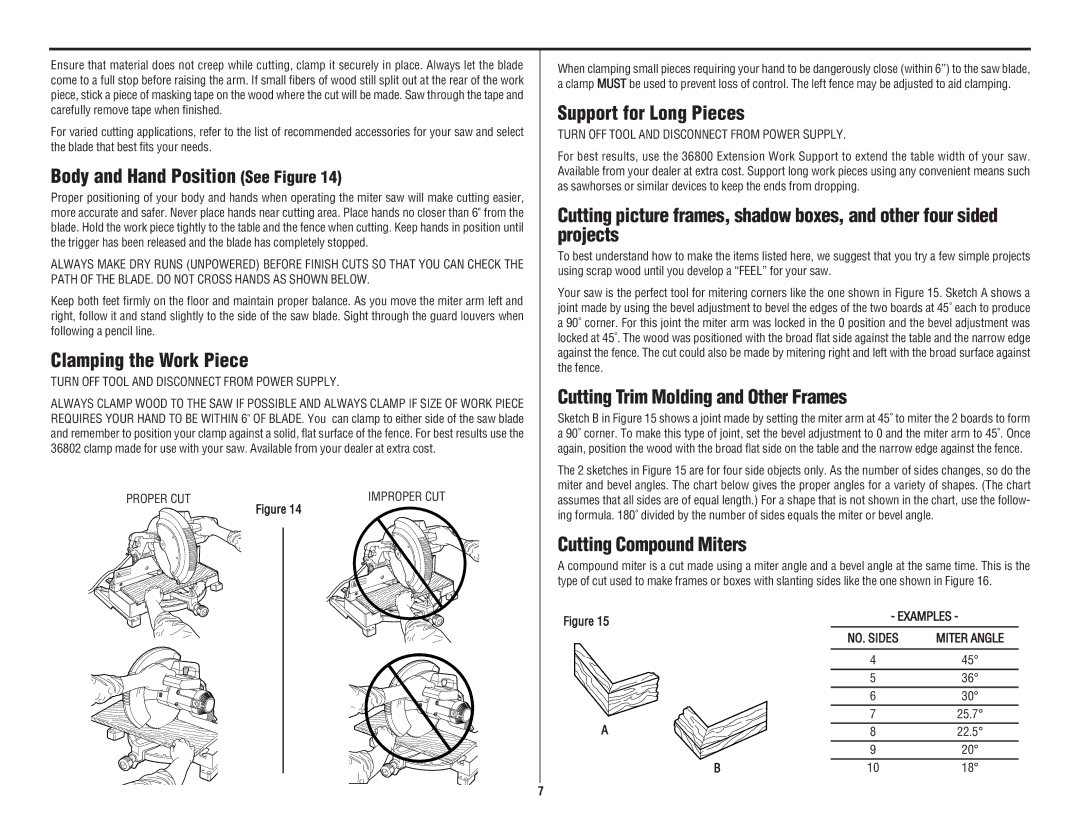 Black & Decker 3680 12" Compound Miter Saw instruction manual Body and Hand Position See Figure, Clamping the Work Piece 