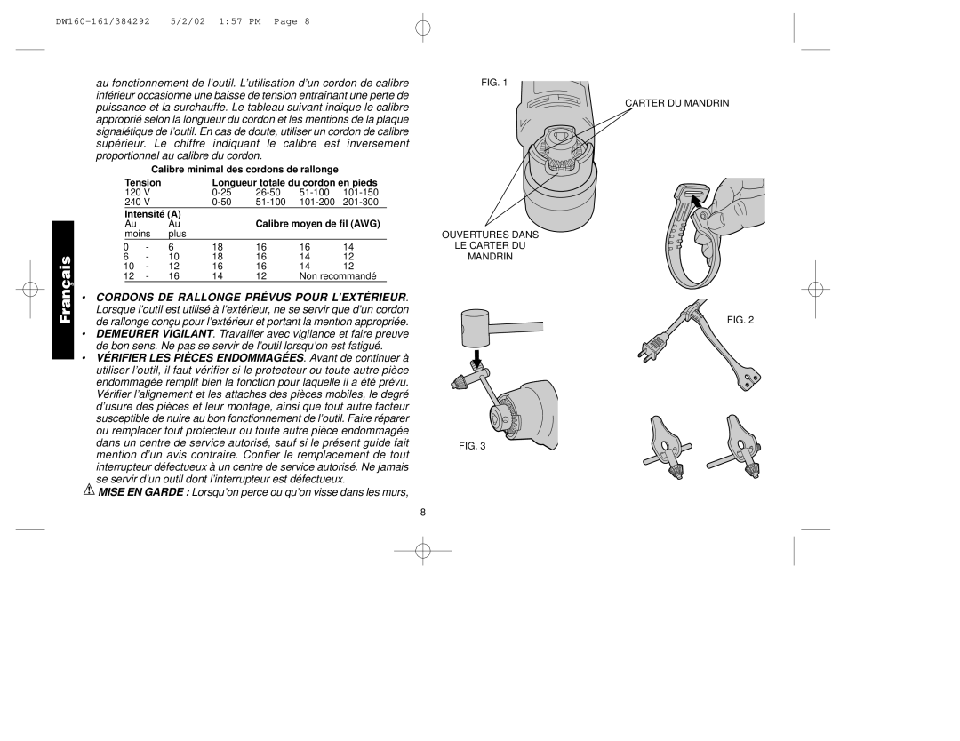 Black & Decker DW160, 384292-00, DW161 manual Mise EN Garde Lorsqu’on perce ou qu’on visse dans les murs 