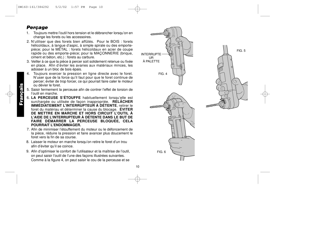 Black & Decker DW161, 384292-00, DW160 manual Perçage 