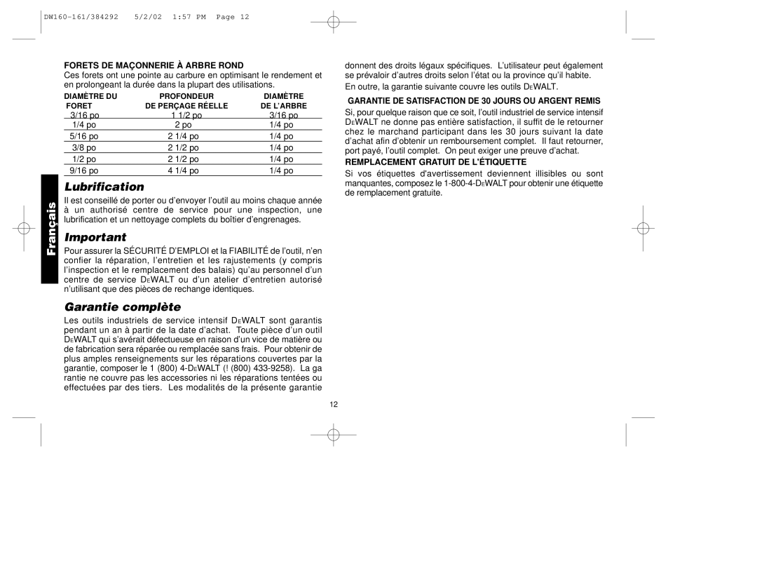 Black & Decker 384292-00, DW161, DW160 manual Lubrification, Garantie complète, Forets DE Maçonnerie À Arbre Rond 