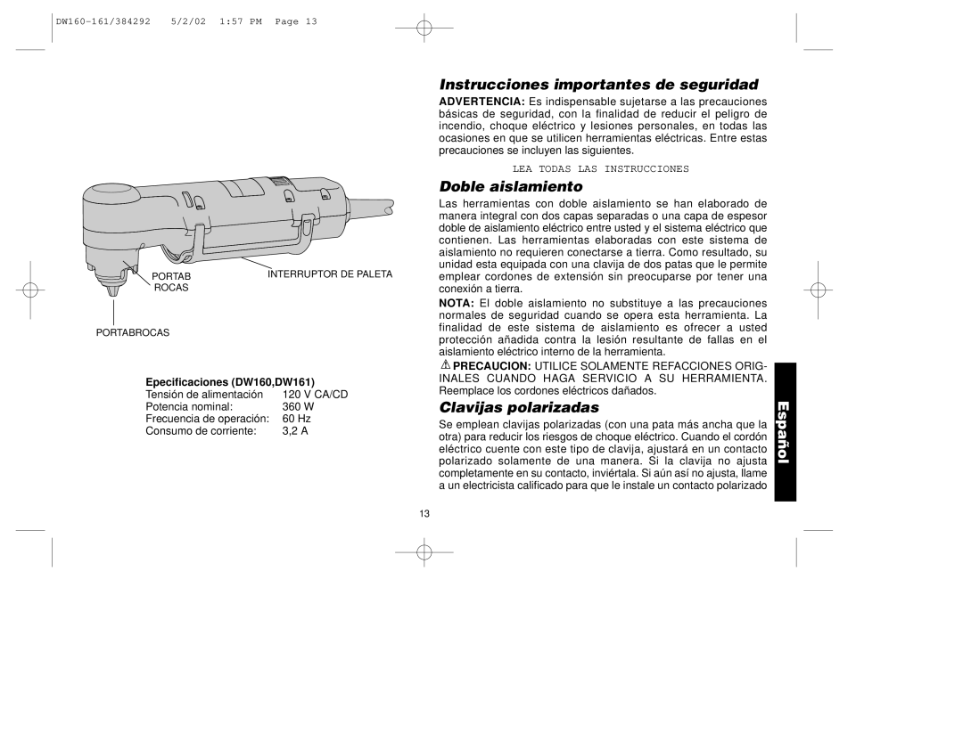 Black & Decker DW161, 384292-00, DW160 manual Instrucciones importantes de seguridad, Doble aislamiento, Clavijas polarizadas 