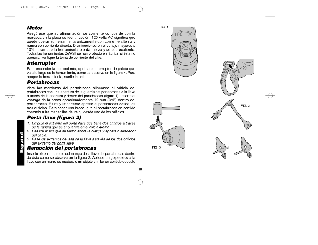 Black & Decker DW161, 384292-00, DW160 manual Interruptor, Portabrocas, Porta llave figura, Remoción del portabrocas 