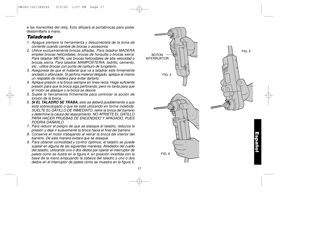 Black & Decker DW160, 384292-00, DW161 manual Taladrado 