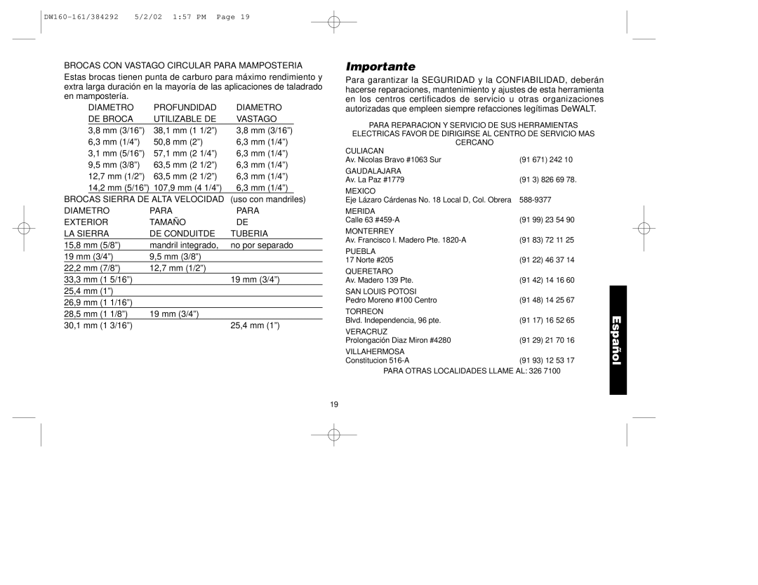 Black & Decker DW161, 384292-00, DW160 manual Importante, Brocas CON Vastago Circular Para Mamposteria 