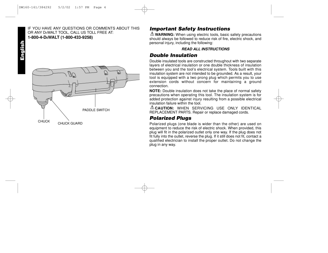 Black & Decker 384292-00, DW161, DW160 manual Important Safety Instructions, Double Insulation, Polarized Plugs 