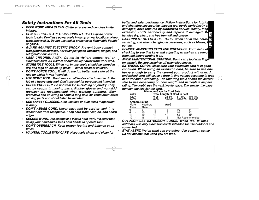 Black & Decker DW161, 384292-00, DW160 manual Safety Instructions For All Tools, Number, the heavier the cord 