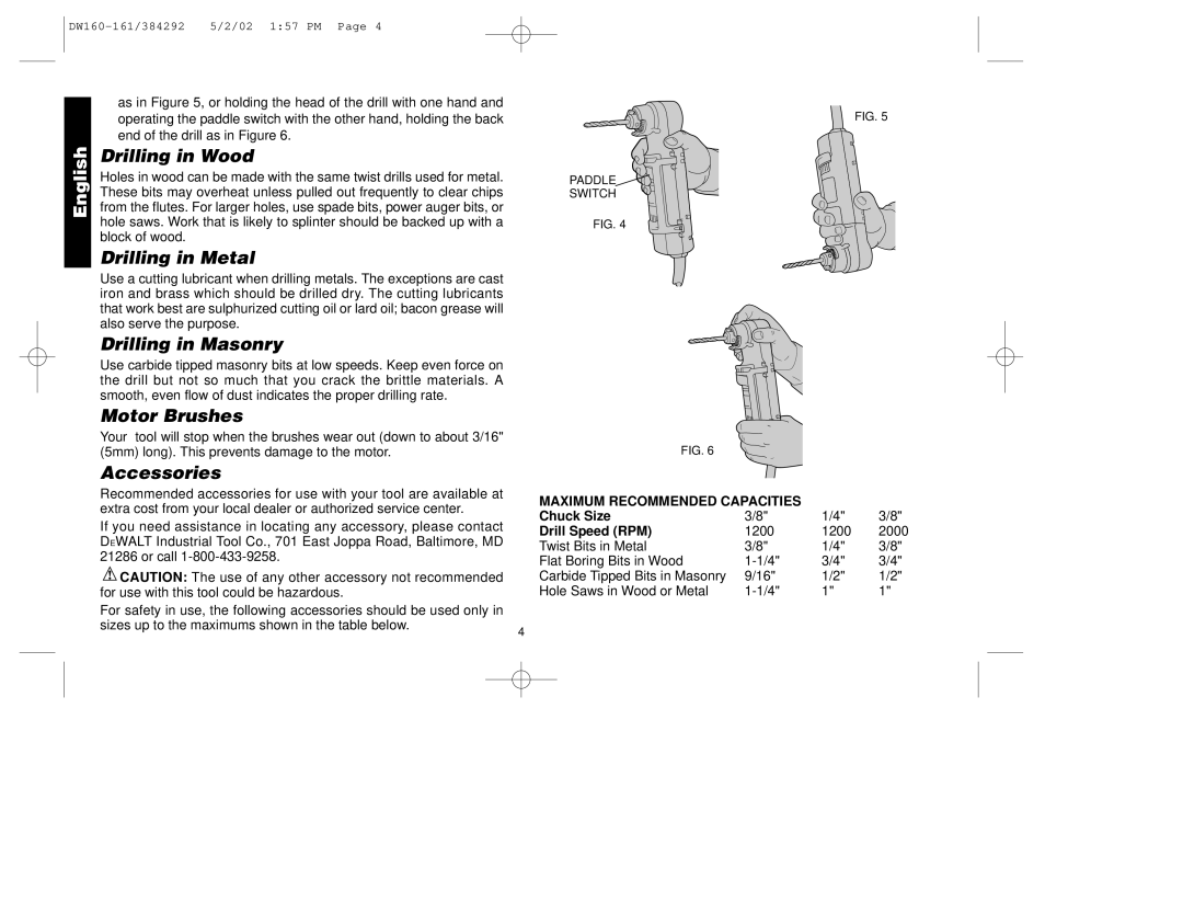 Black & Decker DW161, 384292-00, DW160 Drilling in Wood, Drilling in Metal, Drilling in Masonry, Motor Brushes, Accessories 