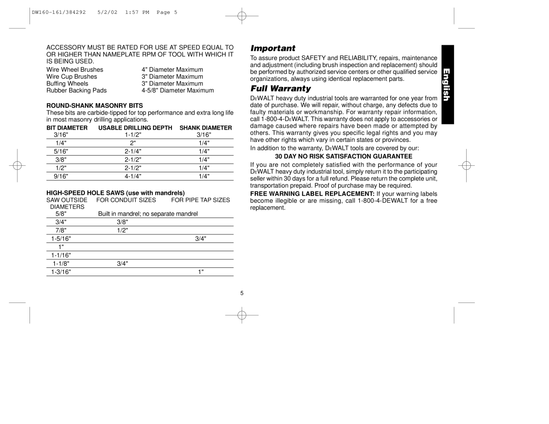 Black & Decker DW160, 384292-00, DW161 manual Full Warranty, ROUND-SHANK Masonry Bits, DAY no Risk Satisfaction Guarantee 