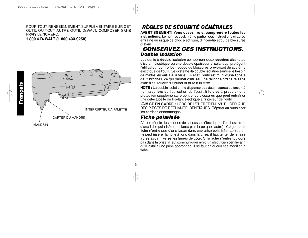 Black & Decker 384292-00, DW161, DW160 manual Double isolation, Fiche polarisée 