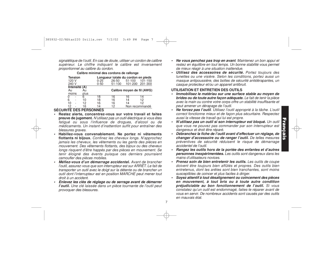 Black & Decker DW221, 385932-02, DW248, DW235G, DW223-220, DW222 Sécurité DES Personnes, Utilisation ET Entretien DES Outils 