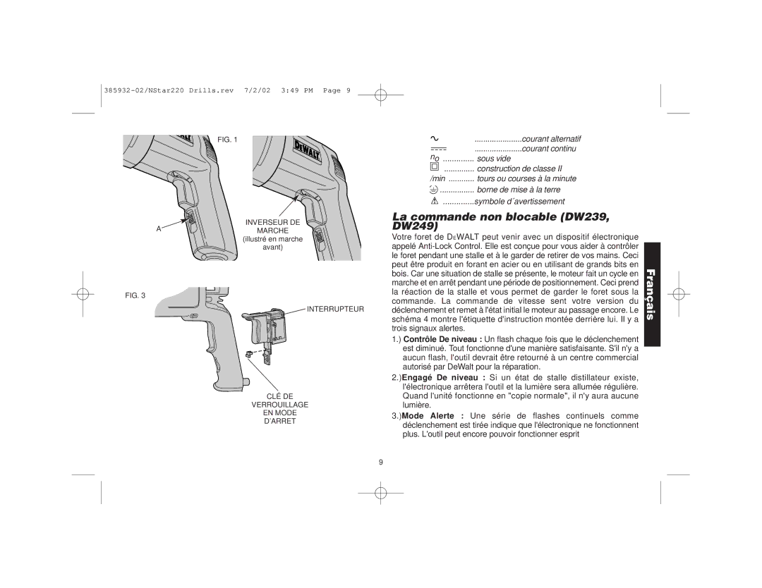 Black & Decker DW217, 385932-02, DW248, DW235G, DW223-220, DW222, DW238, DW236, DW245, DW221 La commande non blocable DW239, DW249 