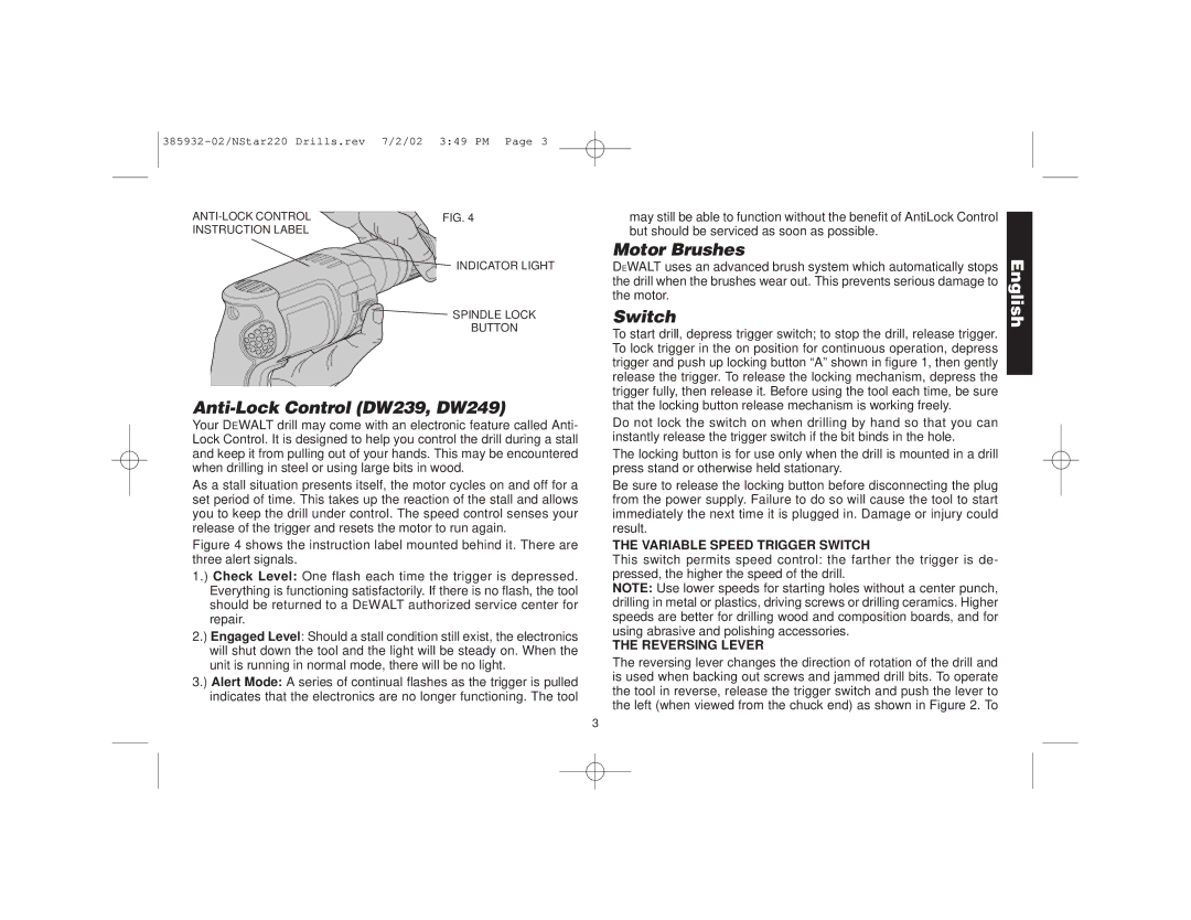 Black & Decker DW238 Anti-Lock Control DW239, DW249, Motor Brushes, Variable Speed Trigger Switch, Reversing Lever 