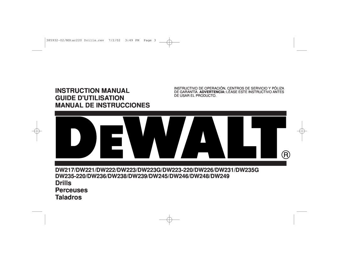 Black & Decker DW235G, 385932-02 Instruction Manual Guide Dutilisation Manual De Instrucciones, Drills Perceuses Taladros 