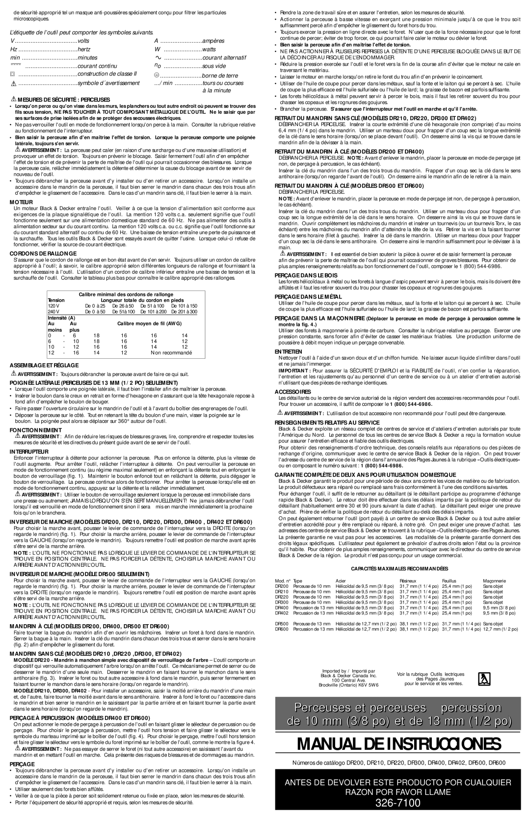 Black & Decker DR400 Mesures DE Sécurité Perceuses, Moteur, Cordons DE Rallonge, Assemblage ET Réglage, Fonctionnement 