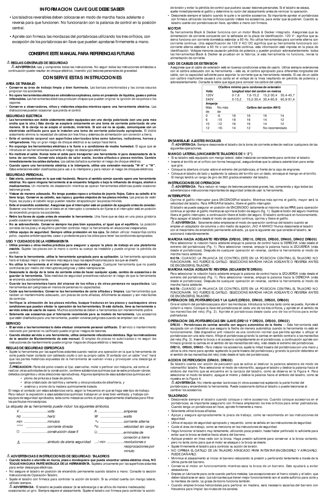 Black & Decker DR300, 386001-02, DR402 Informacion Clave Que Debe Saber, Conserve Este Manual Para Referencias Futuras 