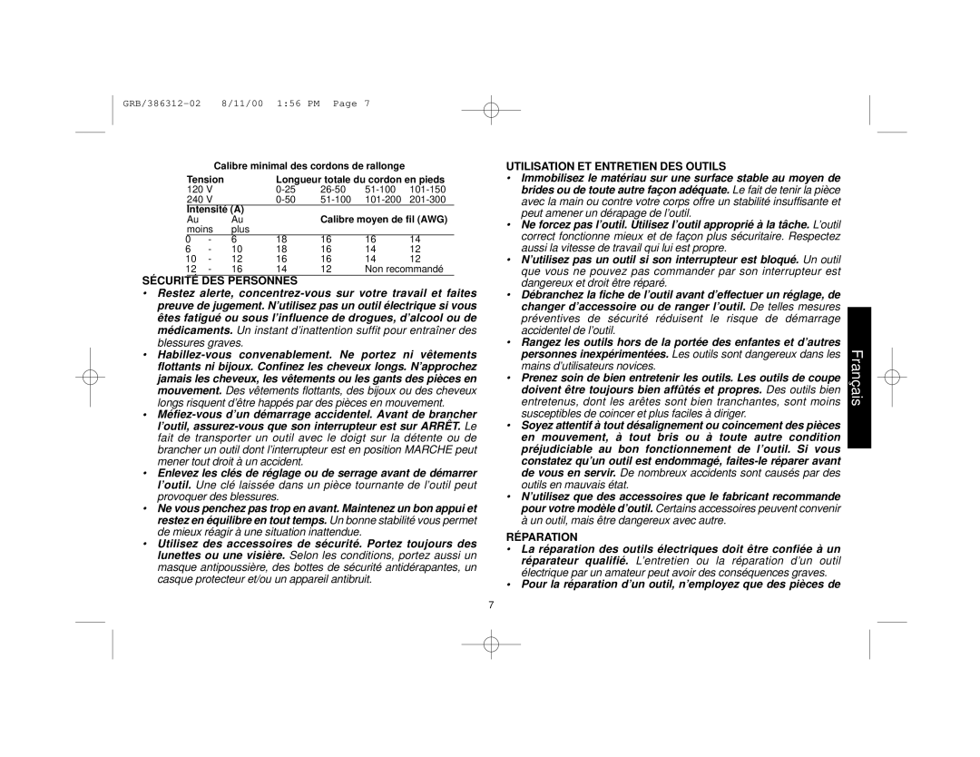 Black & Decker 4060, 386312-02, 4025, 4063SD manual Sécurité DES Personnes, Utilisation ET Entretien DES Outils, Réparation 