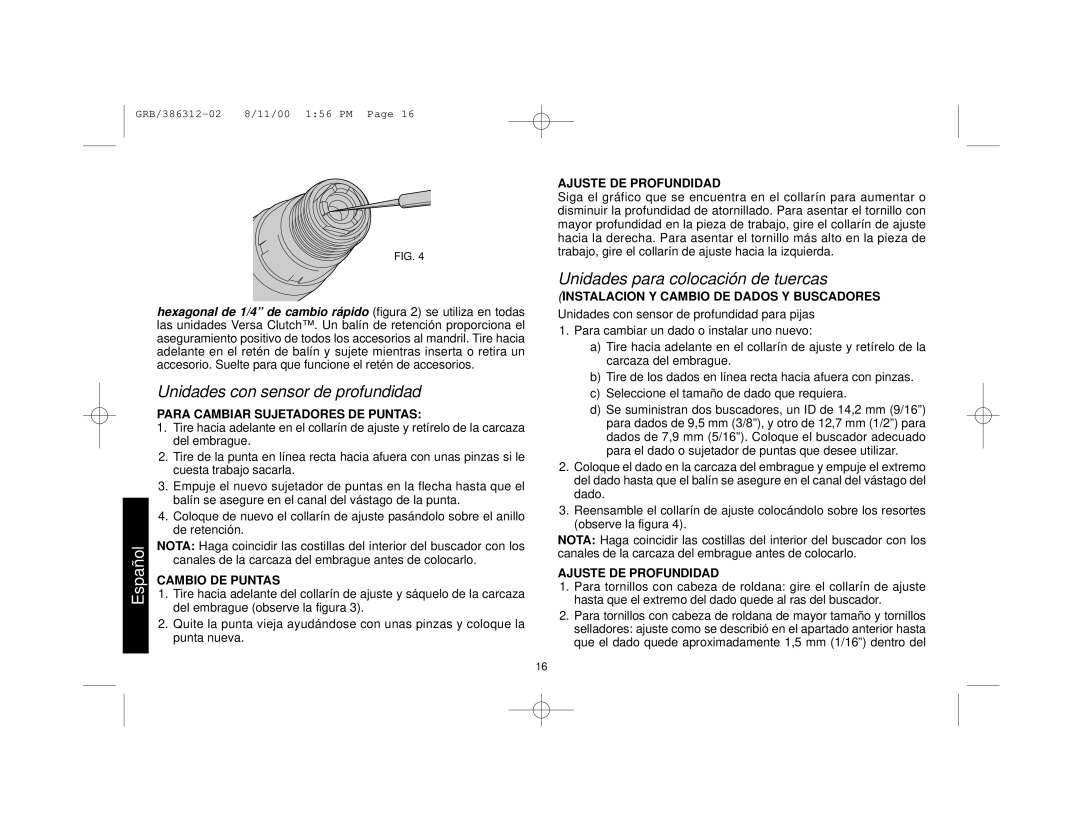 Black & Decker 386312-02, 4060, 4025, 4063SD manual Unidades con sensor de profundidad, Unidades para colocación de tuercas 