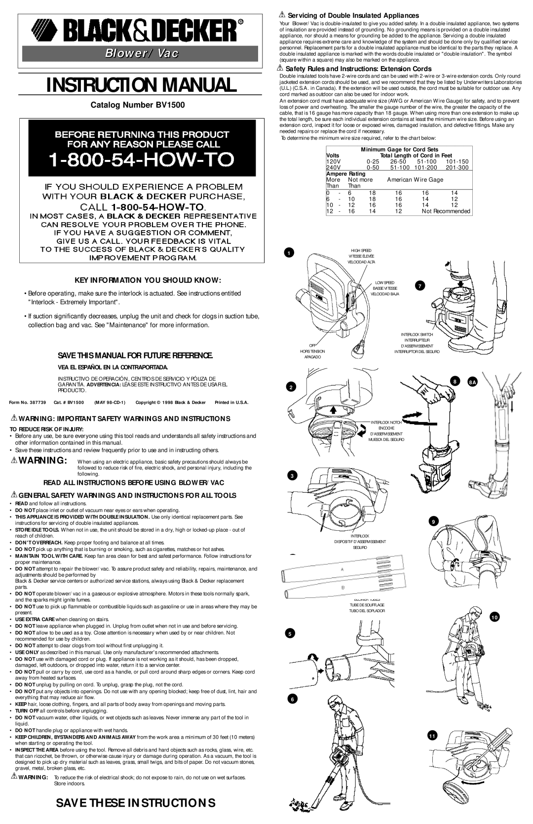 Black & Decker 387739 instruction manual Blower/Vac, To Reduce Risk of Injury 