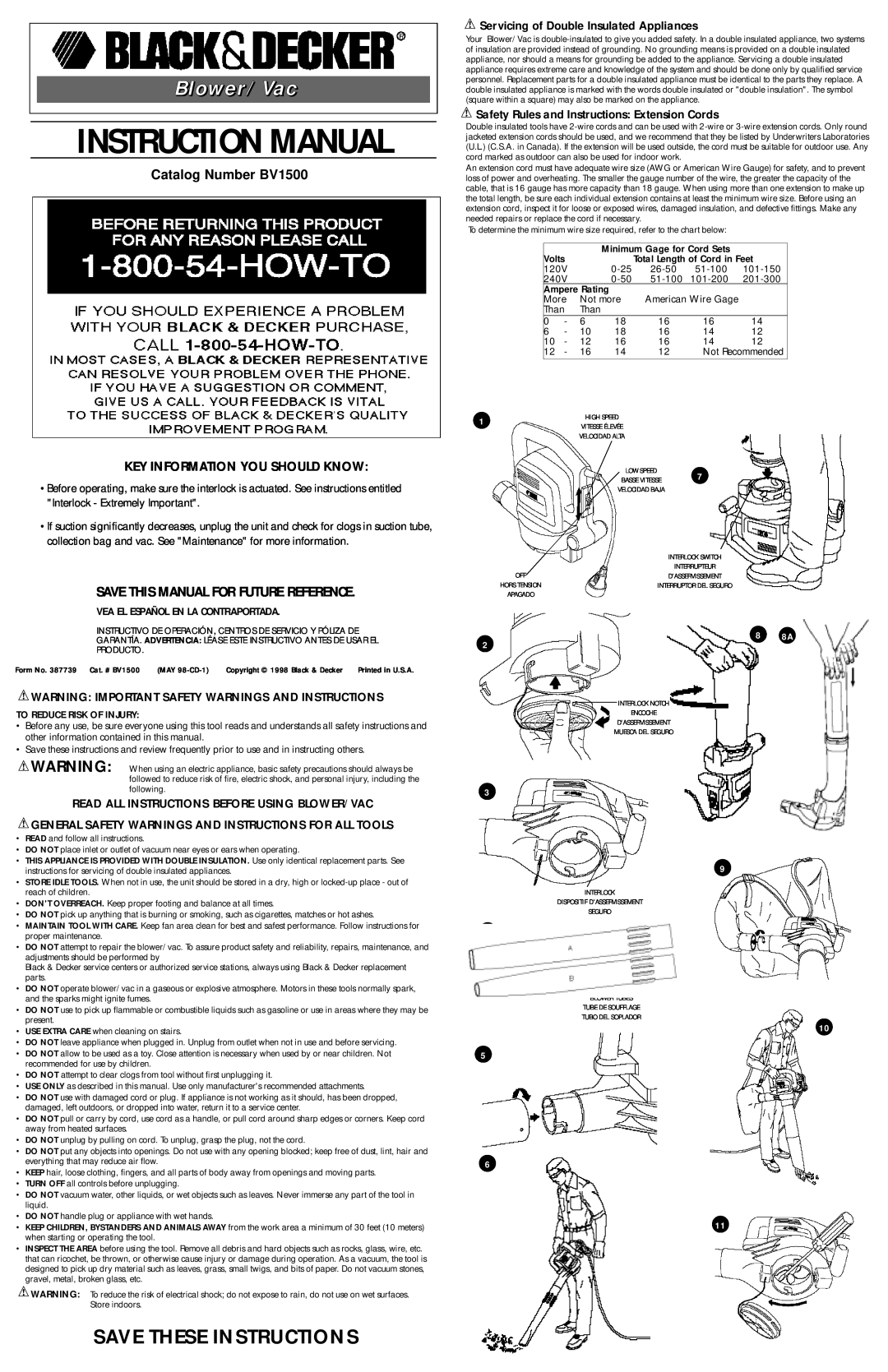Black & Decker 387739 instruction manual Blower/Vac, Save These Instructions, Catalog Number BV1500, 8 8A 