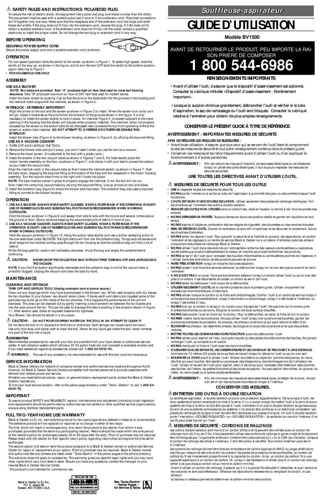 Black & Decker 387739 instruction manual Guide D’Utilisation, Souffleuse-aspirateur, Modèle BV1500, Son Prière De Composer 