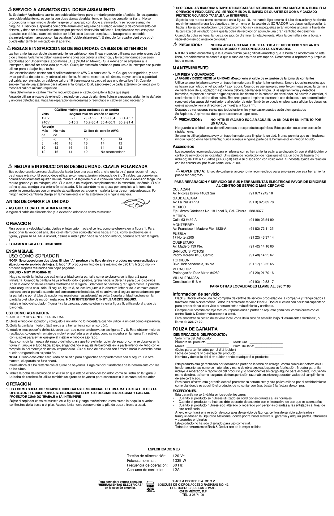 Black & Decker 387739 instruction manual Asegure El Cable De Alimentacion 