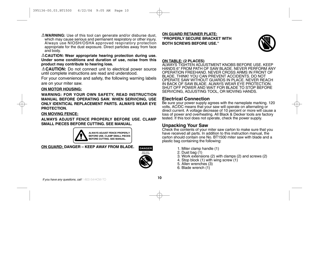 Black & Decker 395136-00 Electrical Connection, Unpacking Your Saw, On Guard Danger Keep Away from BLADE. Danger 