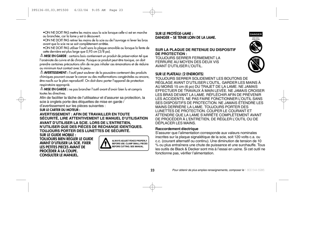 Black & Decker 395136-00 instruction manual SUR LA Plaque DE Retenue DU Dispositif DE Protection, Raccordement électrique 