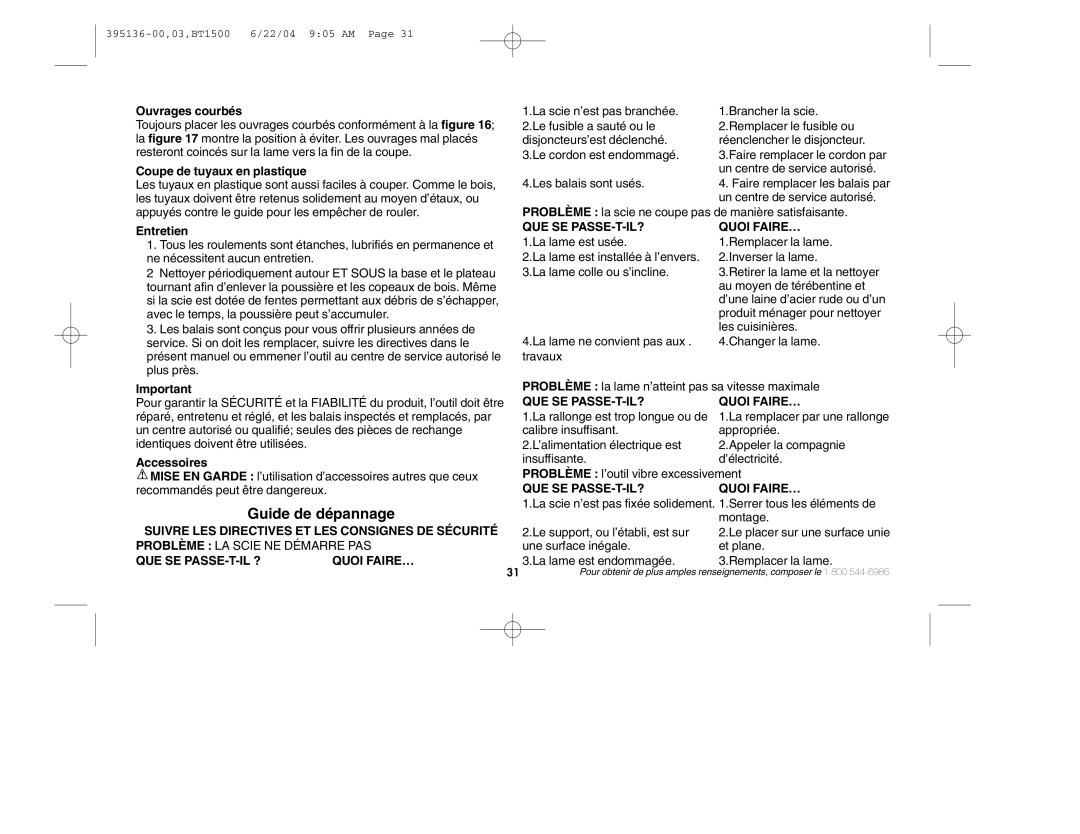 Black & Decker 395136-00 instruction manual Guide de dépannage 