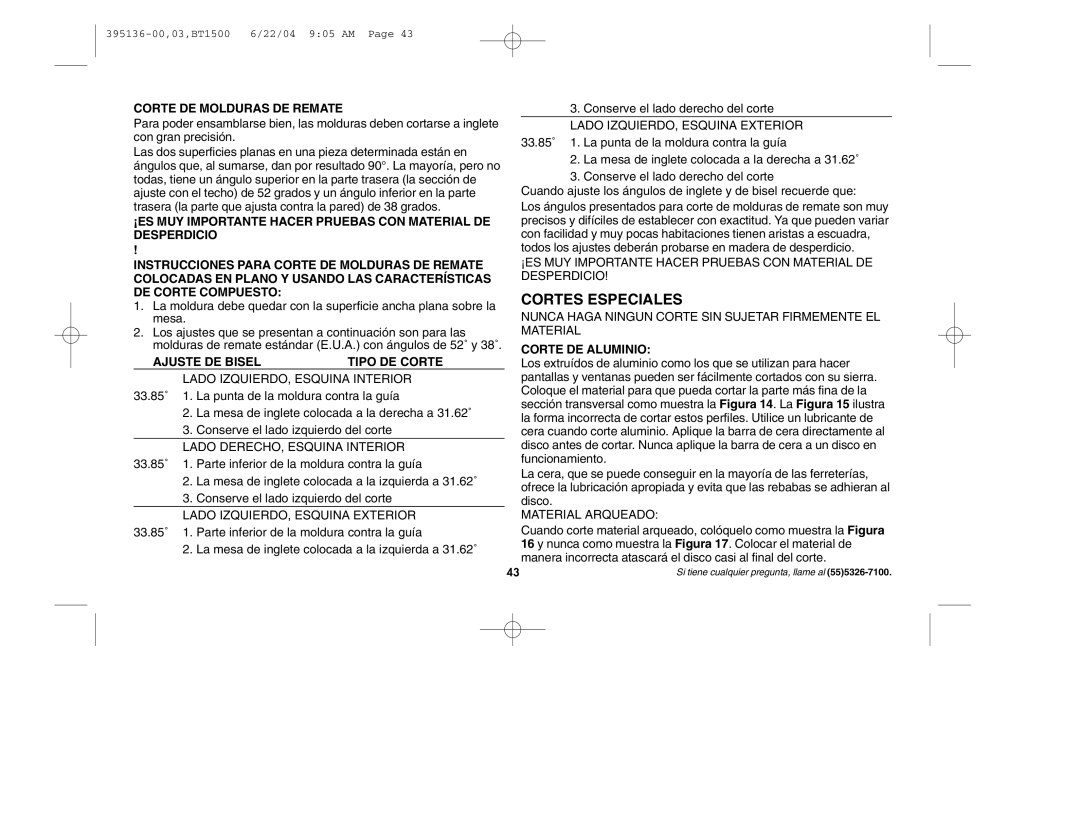 Black & Decker 395136-00 instruction manual Corte DE Molduras DE Remate, Ajuste DE Bisel Tipo DE Corte, Corte DE Aluminio 