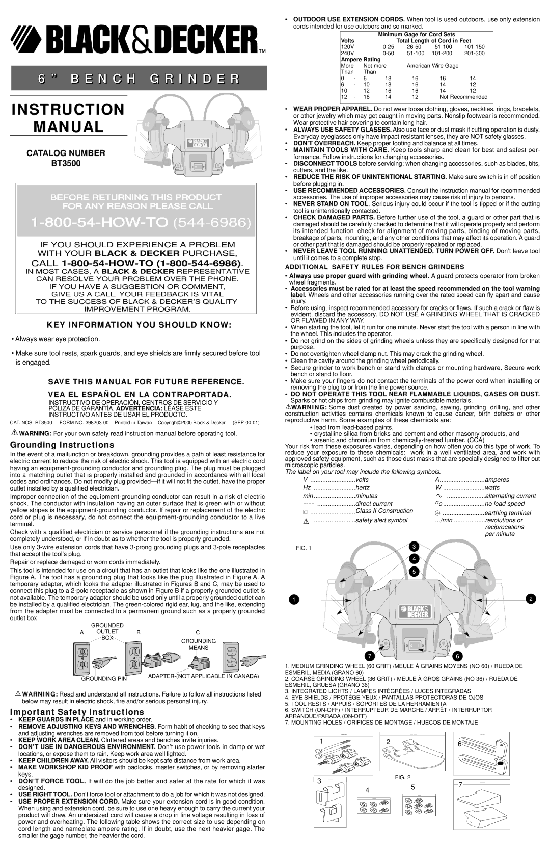 Black & Decker BT3500 instruction manual Call 1-800-54-HOW-TO, Grounding Instructions, Important Safety Instructions 