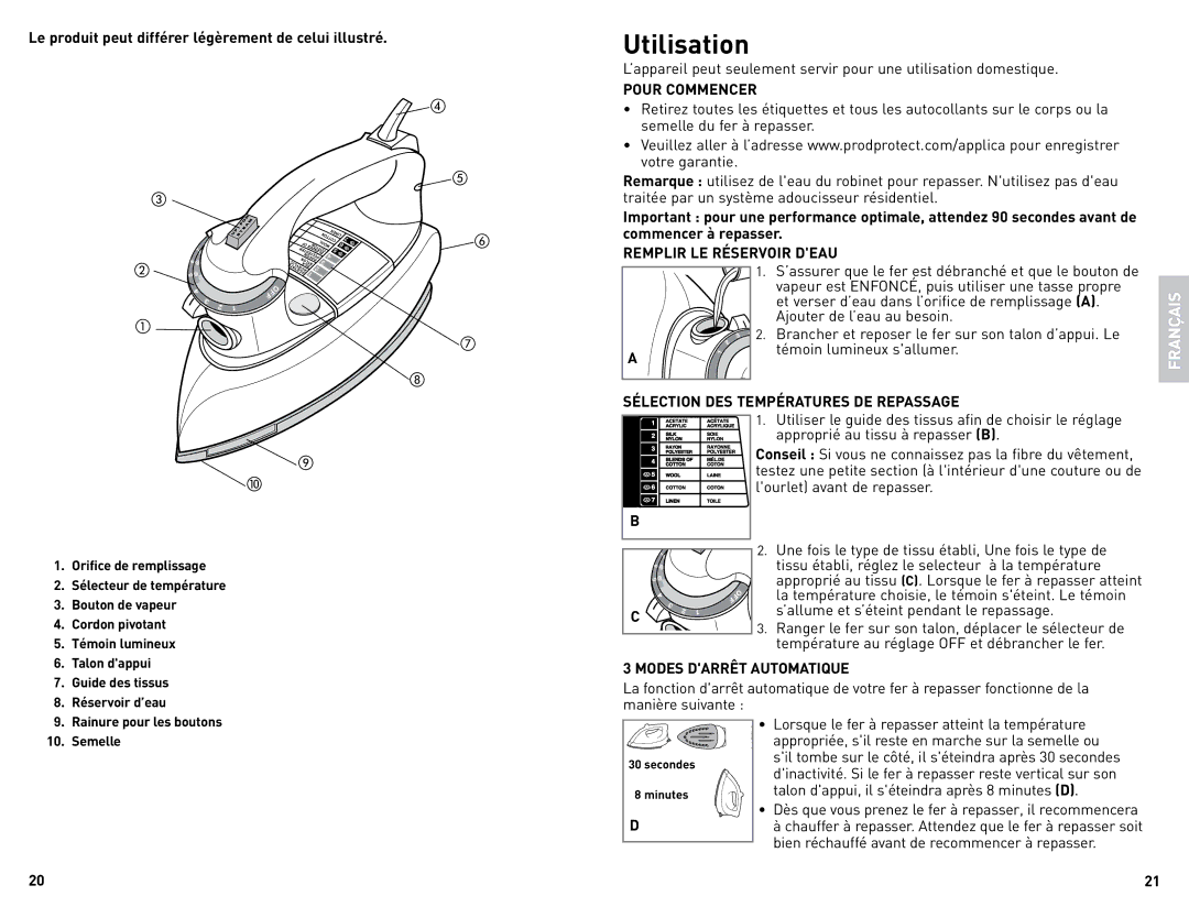 Black & Decker R12009 Utilisation, Pour Commencer, Remplir LE Réservoir Deau, Sélection DES Températures DE Repassage 