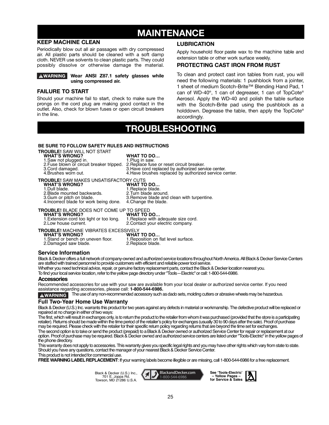 Black & Decker 489051-00 instruction manual Maintenance, Troubleshooting 