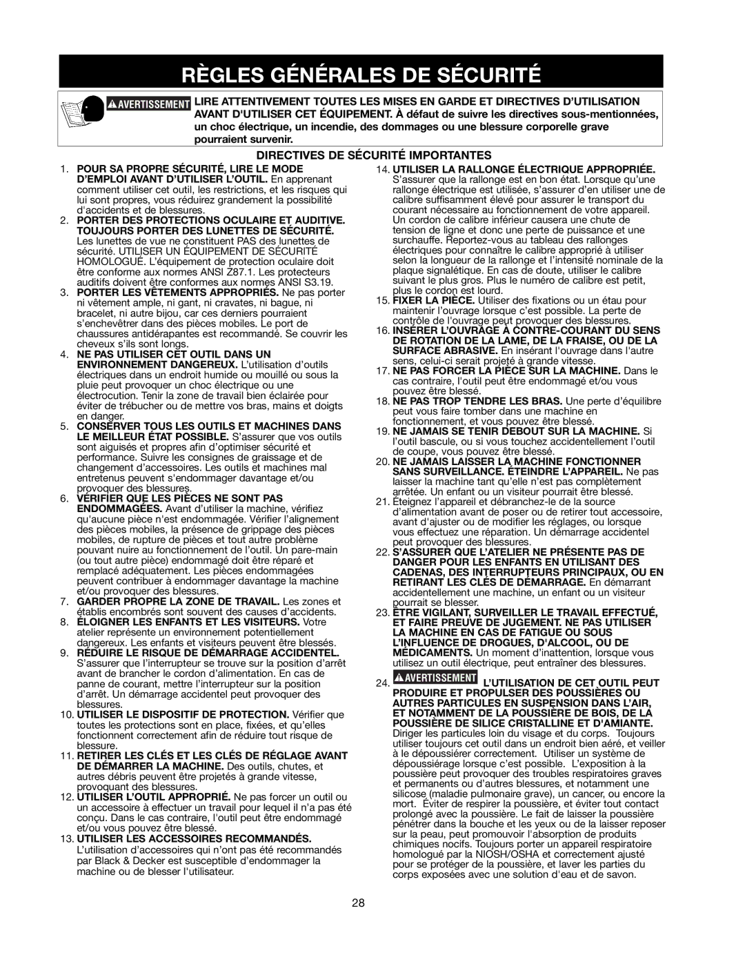 Black & Decker 489051-00 instruction manual Règles Générales DE Sécurité, Directives DE Sécurité Importantes 