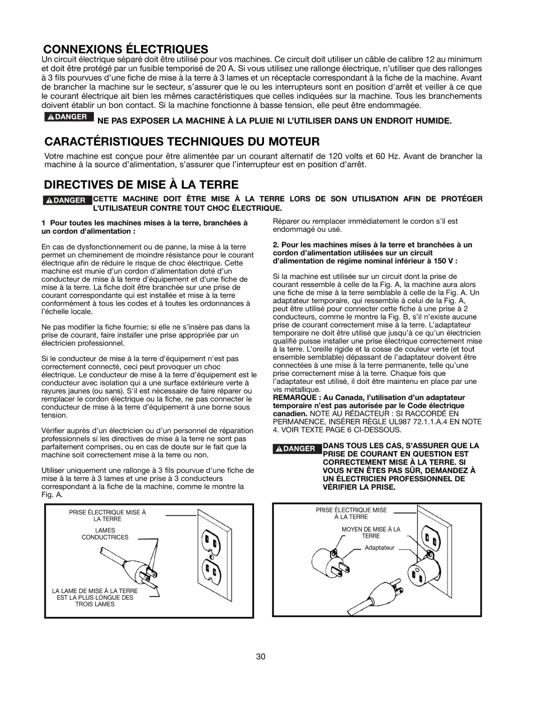 Black & Decker 489051-00 Connexions Électriques, Caractéristiques Techniques DU Moteur, Directives DE Mise À LA Terre 