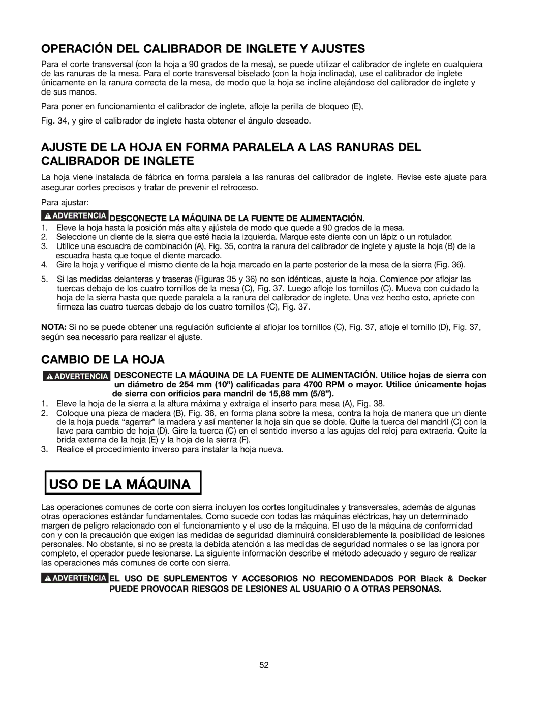 Black & Decker 489051-00 instruction manual Operación DEL Calibrador DE Inglete Y Ajustes, Cambio DE LA Hoja 