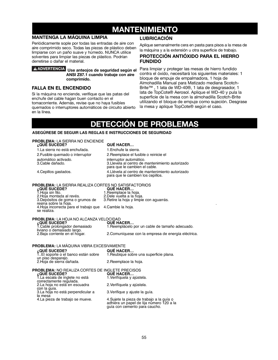 Black & Decker 489051-00 instruction manual Mantenimiento, Detección DE Problemas 