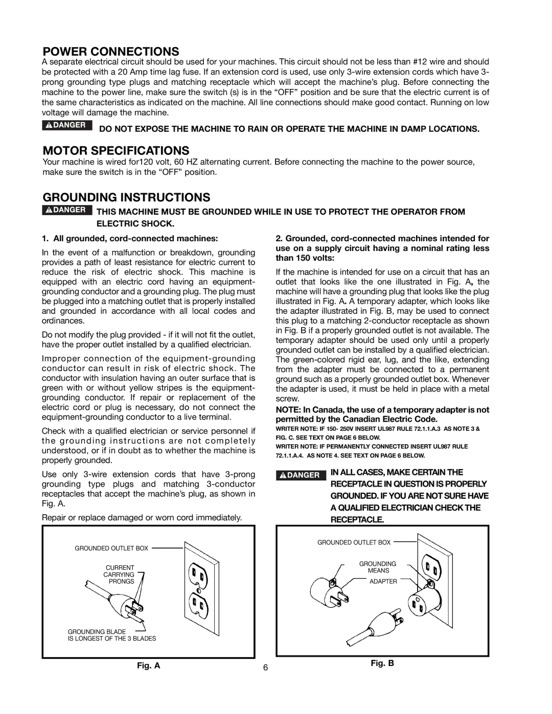 Black & Decker 489051-00 instruction manual Power Connections, Motor Specifications, Grounding Instructions 