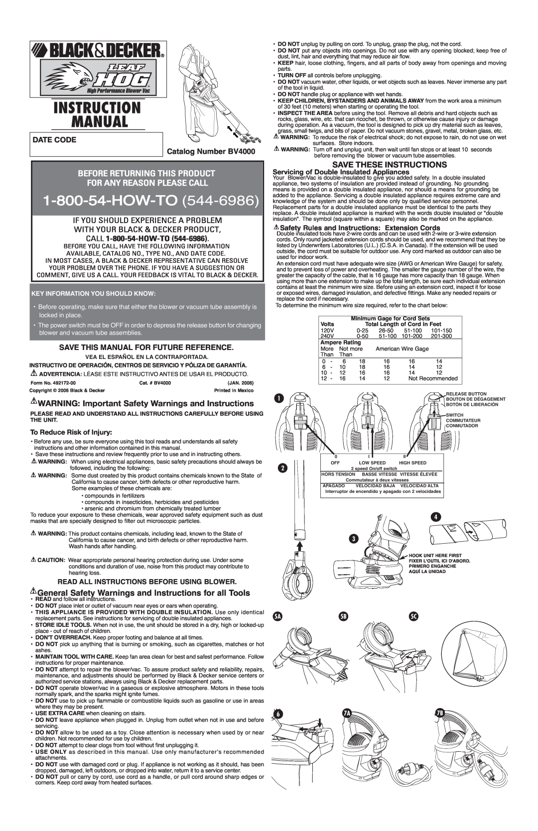 Black & Decker 492172-00 instruction manual WARNING Important Safety Warnings and Instructions, Save These Instructions 