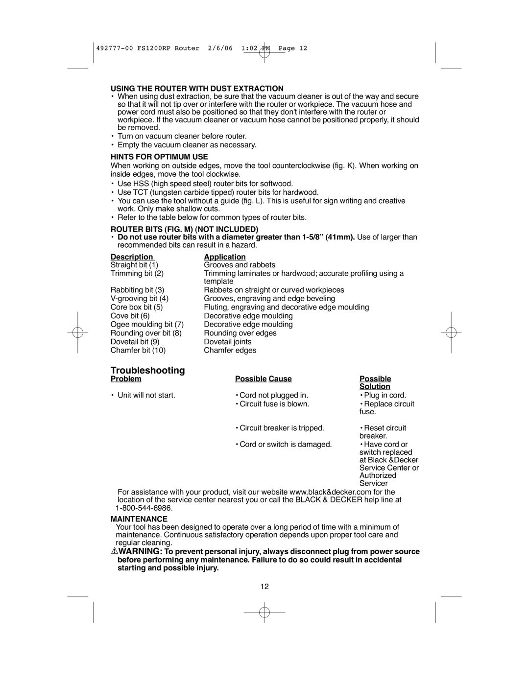 Black & Decker 492777-00 Using the Router with Dust Extraction, Hints for Optimum USE, Router Bits FIG. M not Included 