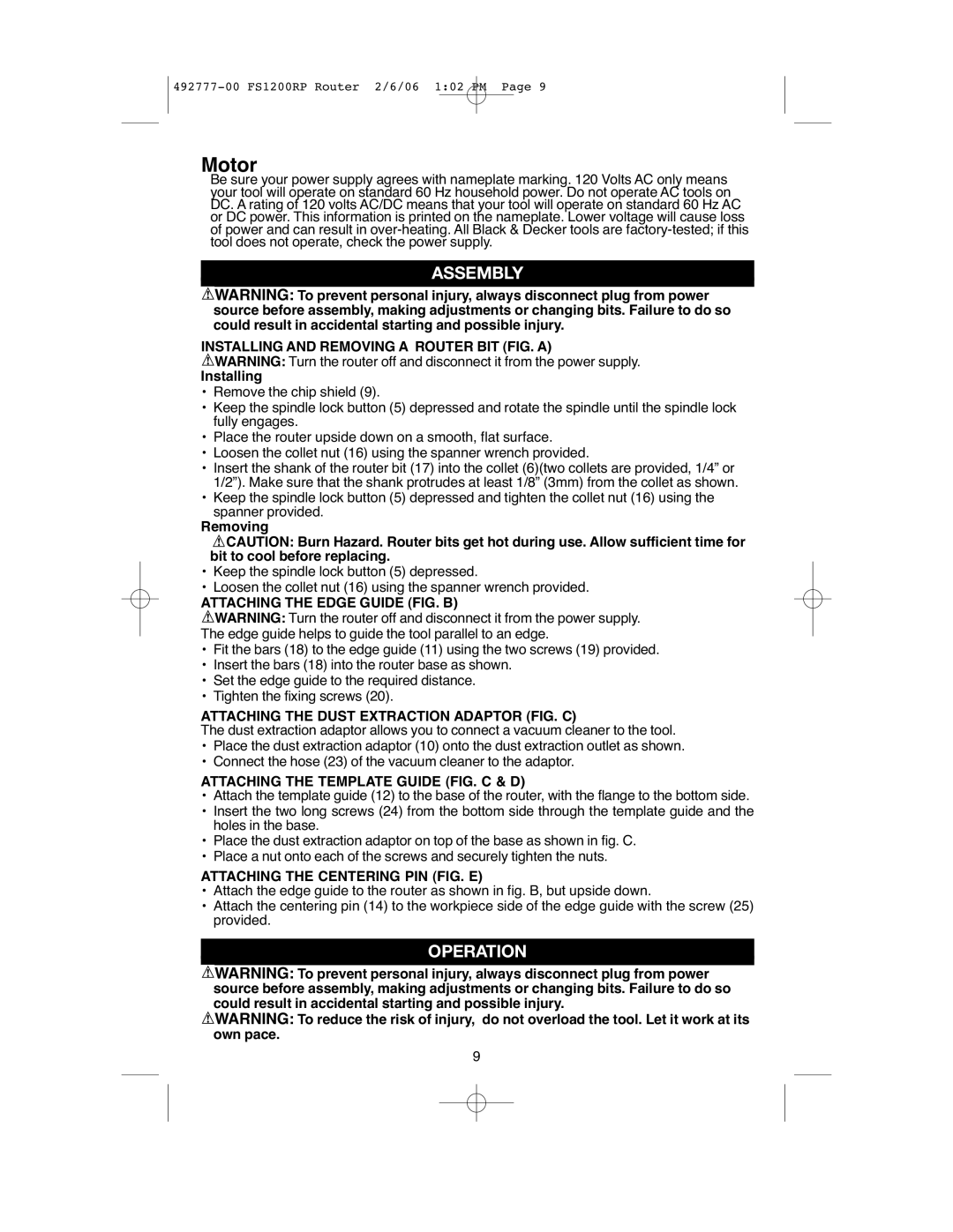 Black & Decker 492777-00 instruction manual Installing and Removing a Router BIT FIG. a, Attaching the Edge Guide FIG. B 