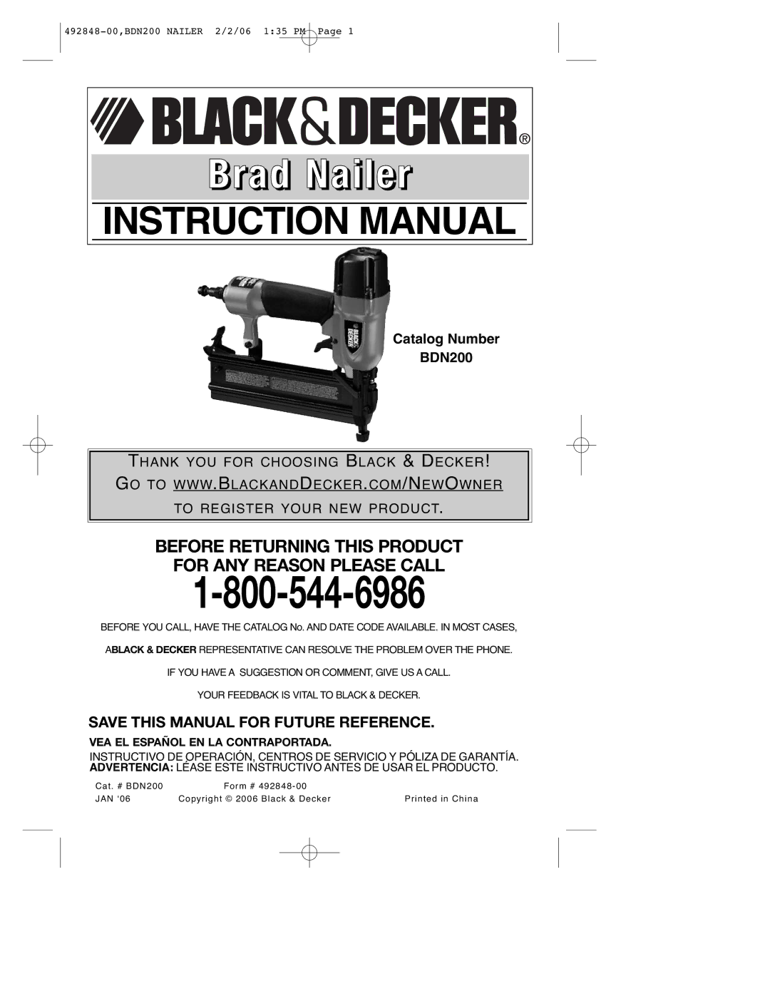 Black & Decker BDN200, 492848-00 instruction manual Brad Nailer 