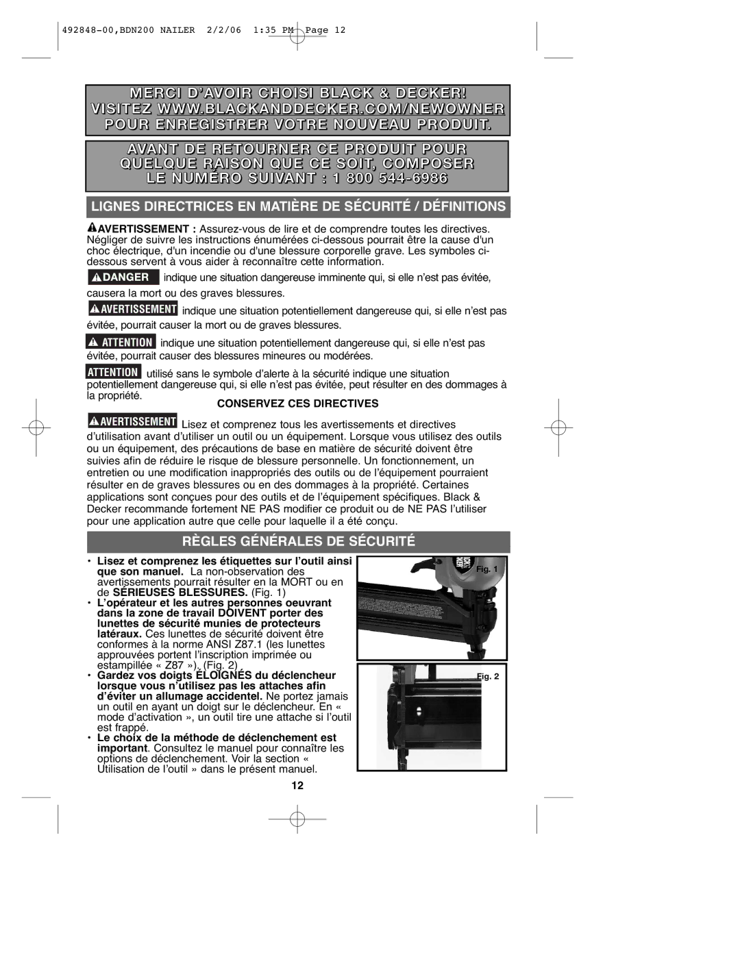 Black & Decker 492848-00, BDN200 Lignes Directrices EN Matière DE Sécurité / Définitions, Règles Générales DE Sécurité 