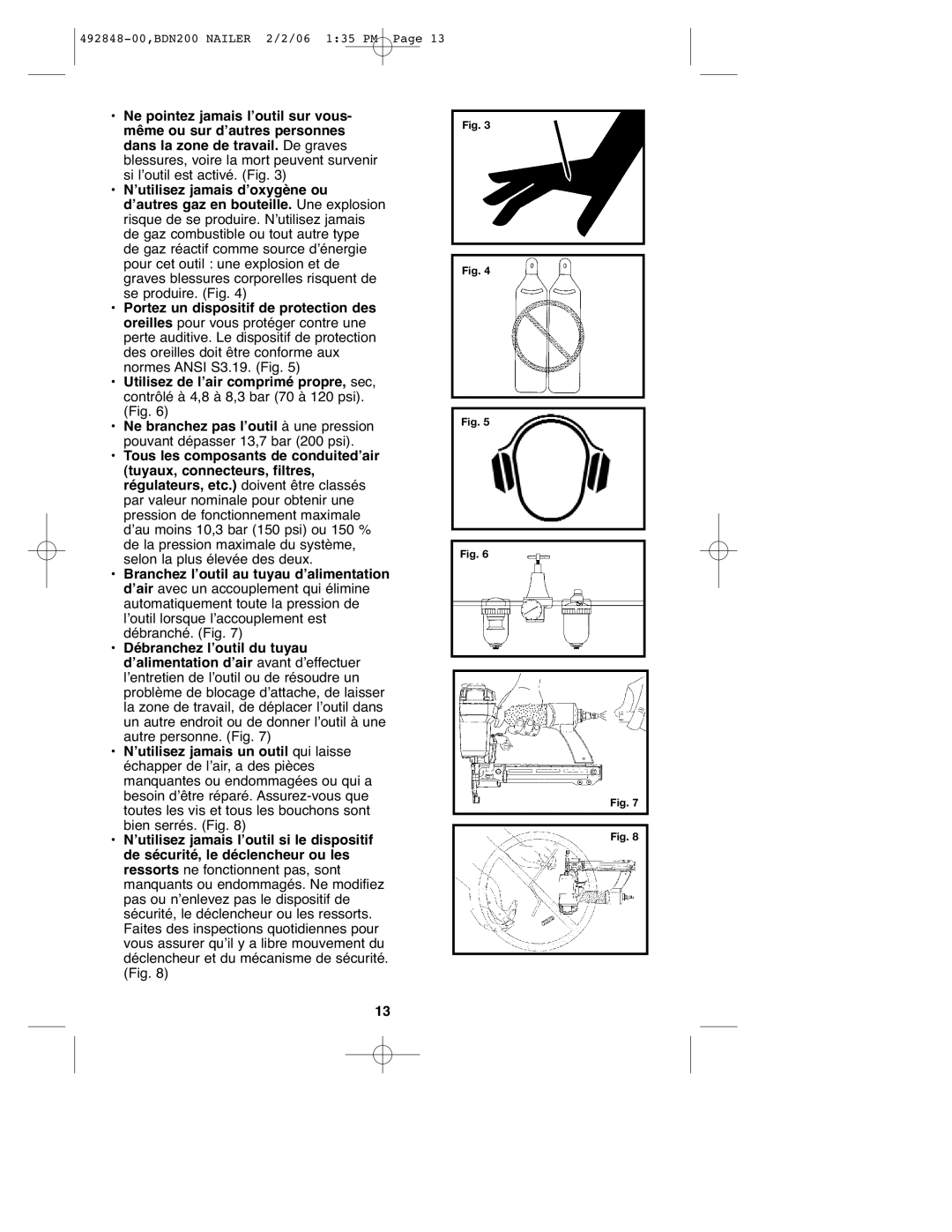 Black & Decker BDN200, 492848-00 instruction manual Utilisez de l’air comprimé propre, sec 