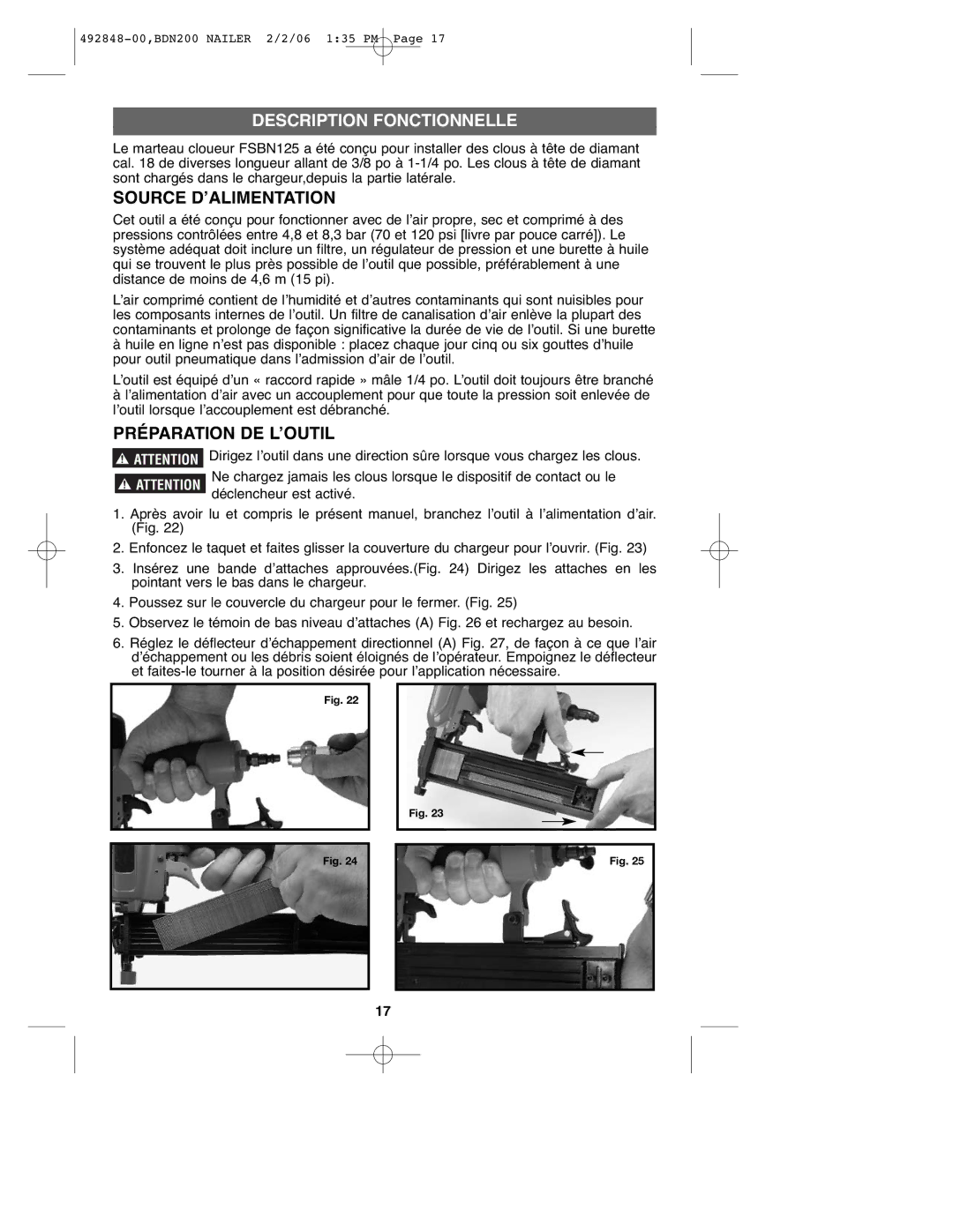 Black & Decker BDN200, 492848-00 instruction manual Description Fonctionnelle, Source D’ALIMENTATION, Préparation DE L’OUTIL 