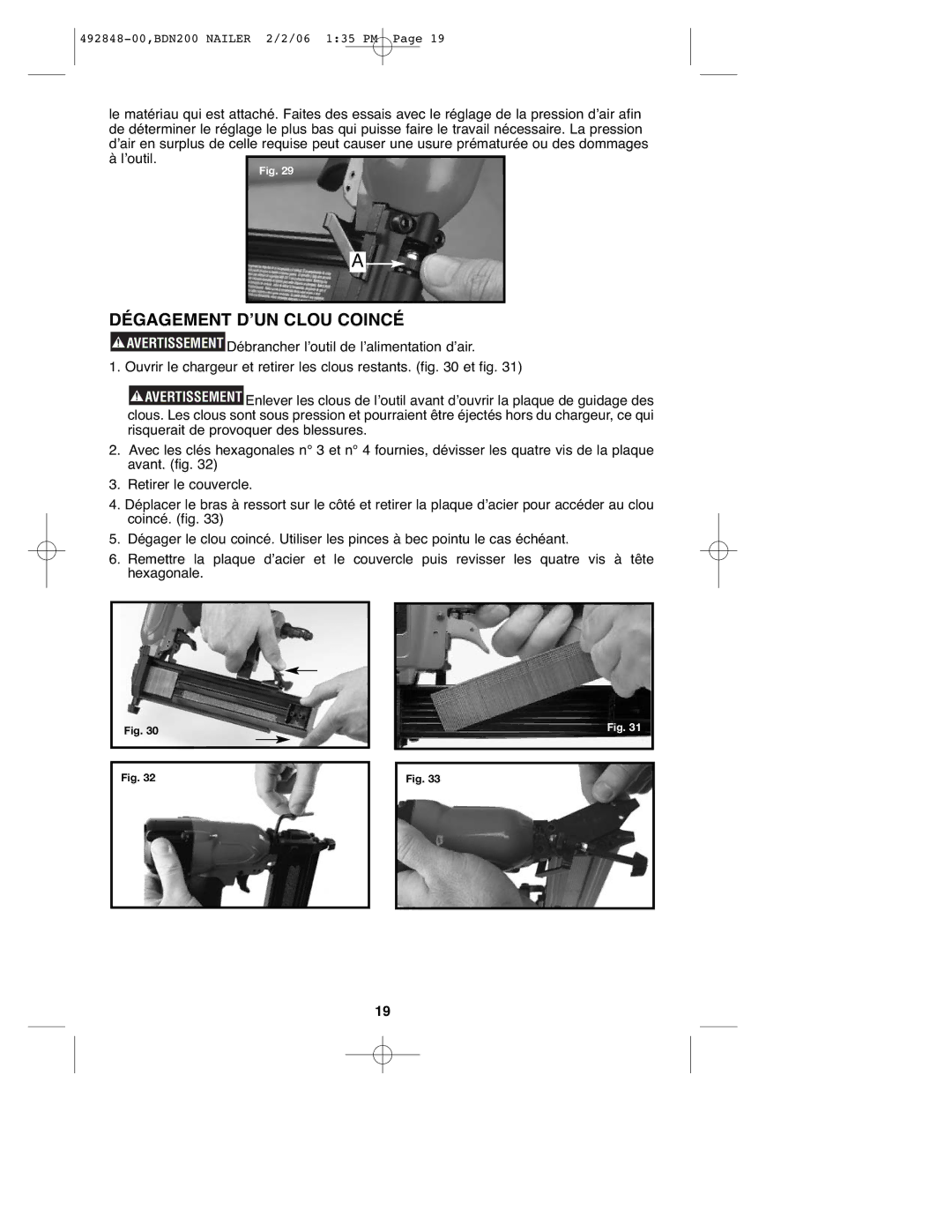 Black & Decker BDN200, 492848-00 instruction manual Dégagement D’UN Clou Coincé 