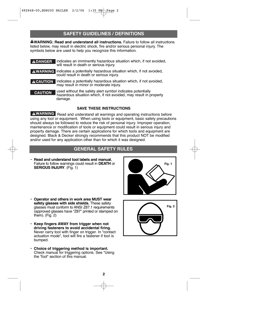 Black & Decker 492848-00, BDN200 instruction manual Safety Guidelines / Definitions, General Safety Rules 