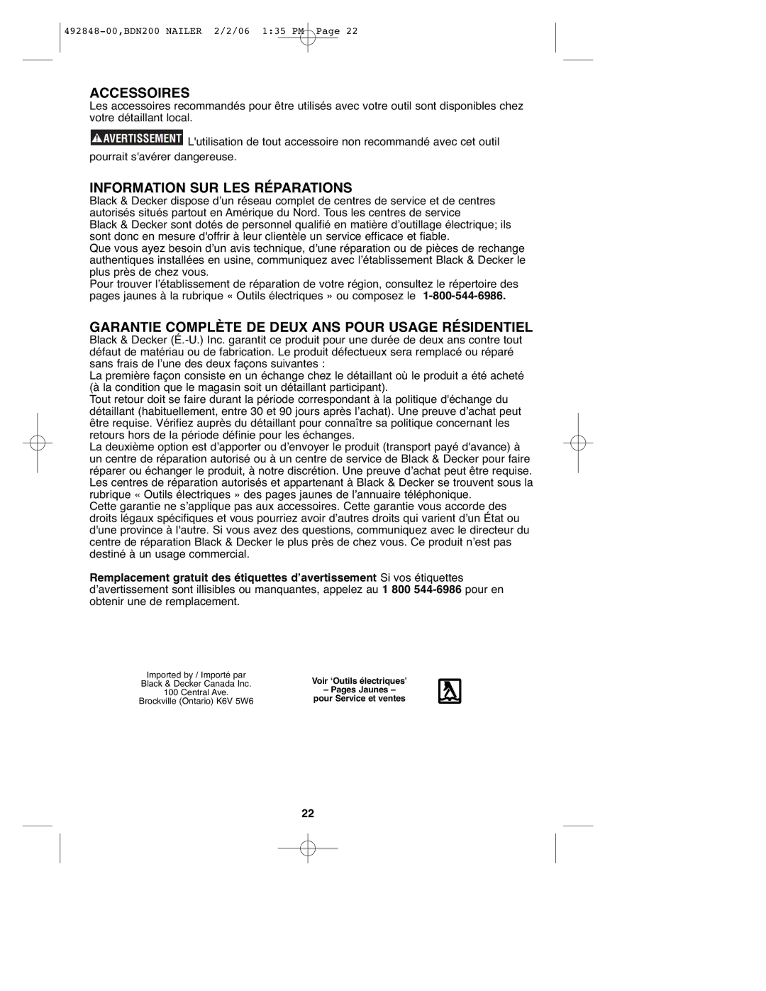 Black & Decker 492848-00, BDN200 instruction manual Accessoires, Information SUR LES Réparations 