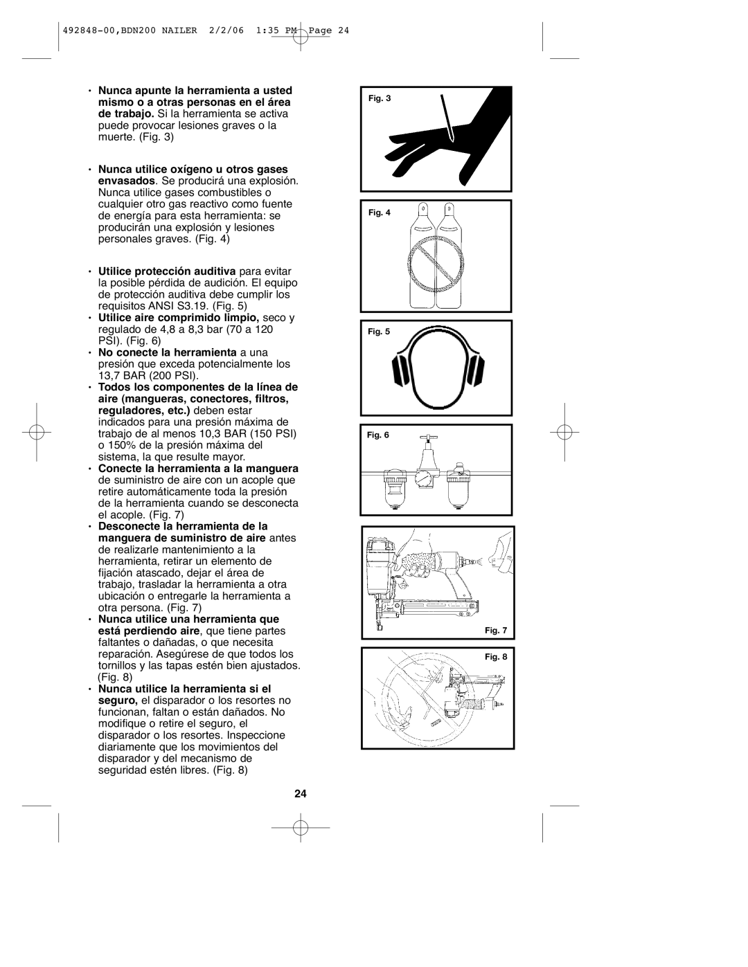 Black & Decker 492848-00, BDN200 instruction manual Regulado de 4,8 a 8,3 bar 70 a PSI. Fig 