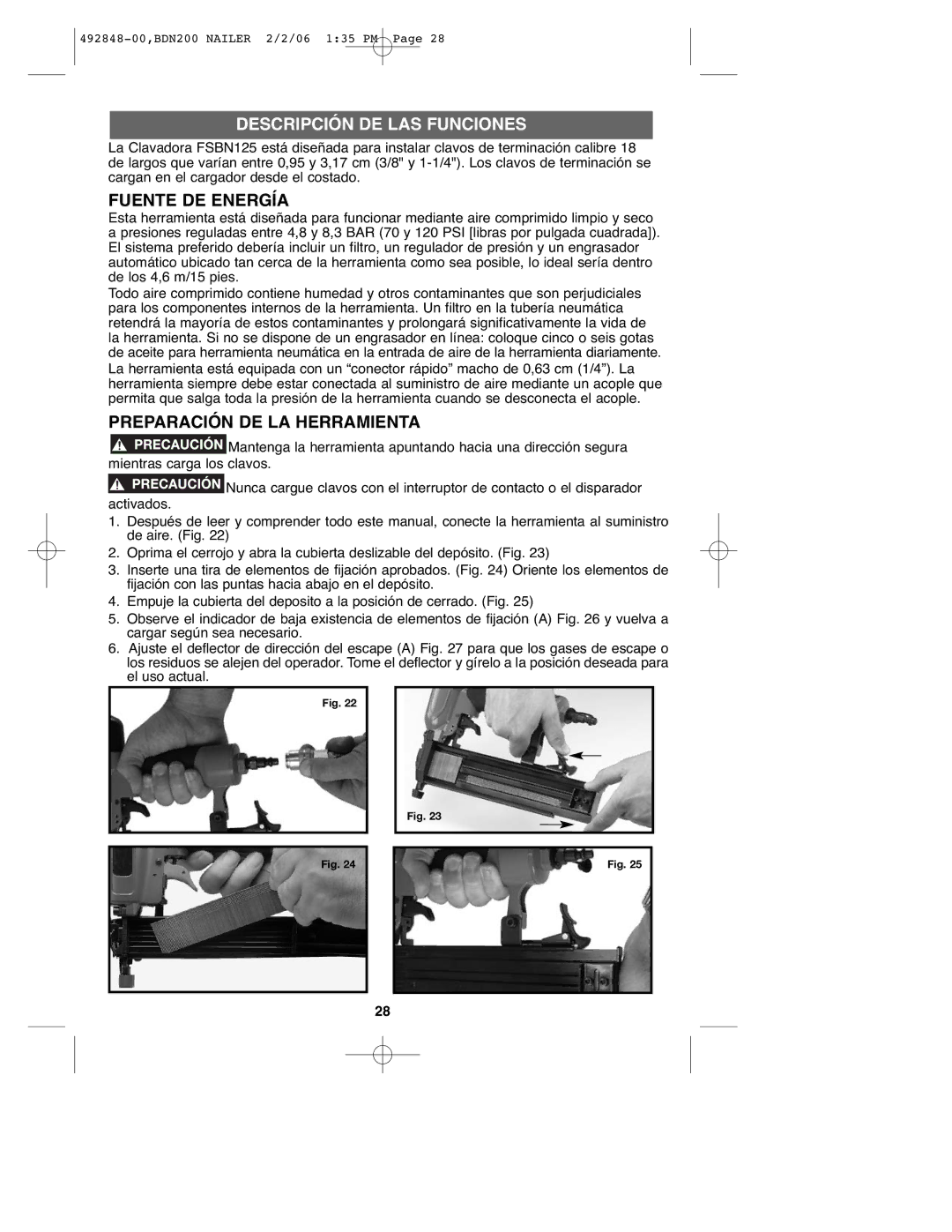 Black & Decker 492848-00, BDN200 Descripción DE LAS Funciones, Fuente DE Energía, Preparación DE LA Herramienta 