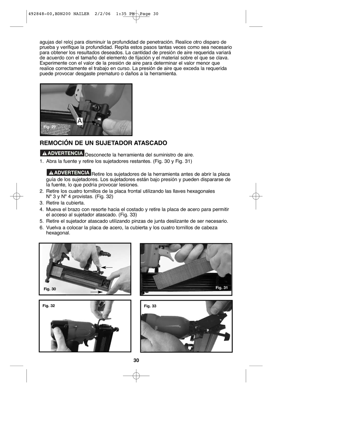 Black & Decker 492848-00, BDN200 instruction manual Remoción DE UN Sujetador Atascado 